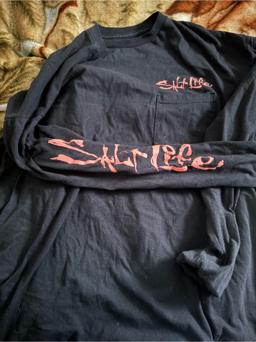 Salt Life Black Long-Sleeve Tee with Coral Sleeve Logo